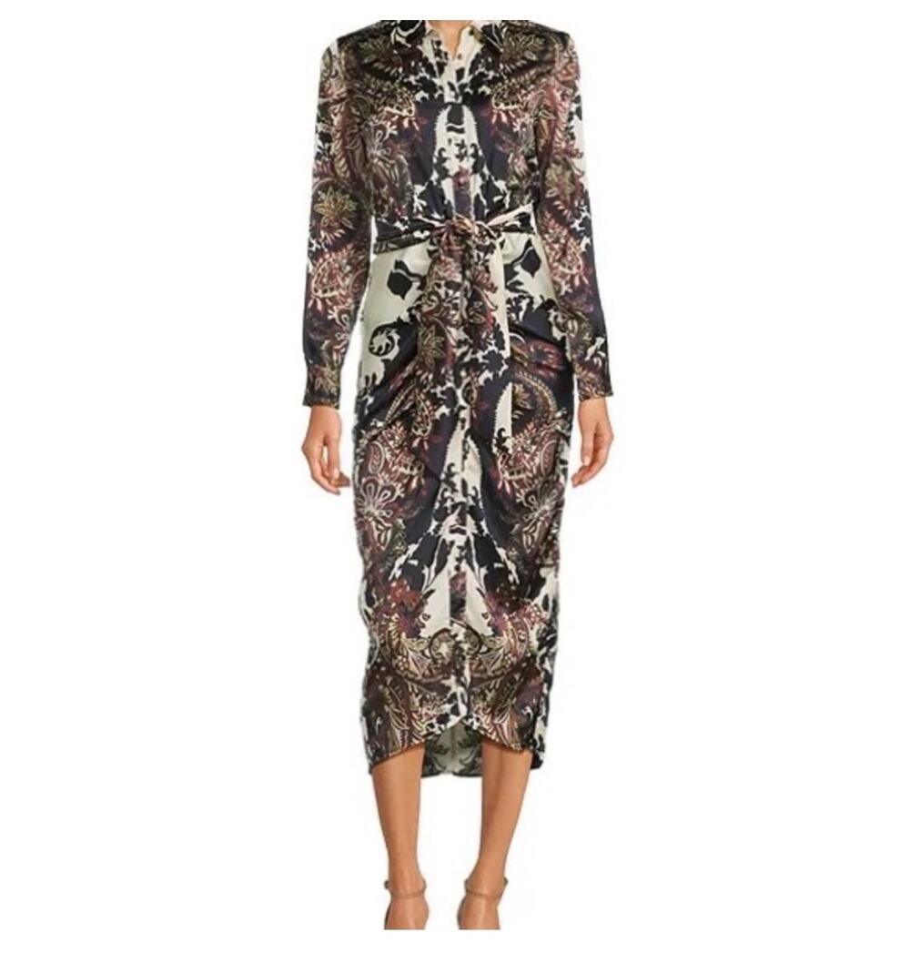 Alex Marie Long Sleeve Paisley Print Midi Dress - Black, Ivory, Brown